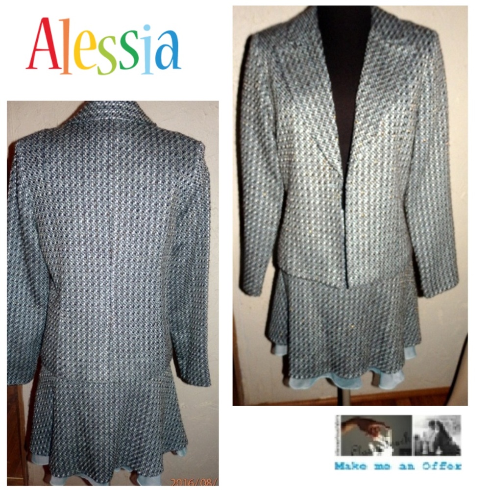 Alessia Aqua White  Textured Girls Skirt Suit